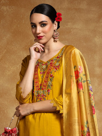 Varanga Women Floral Motif Thread Embroidered Yoke Kurta with Trouser & Dupatta